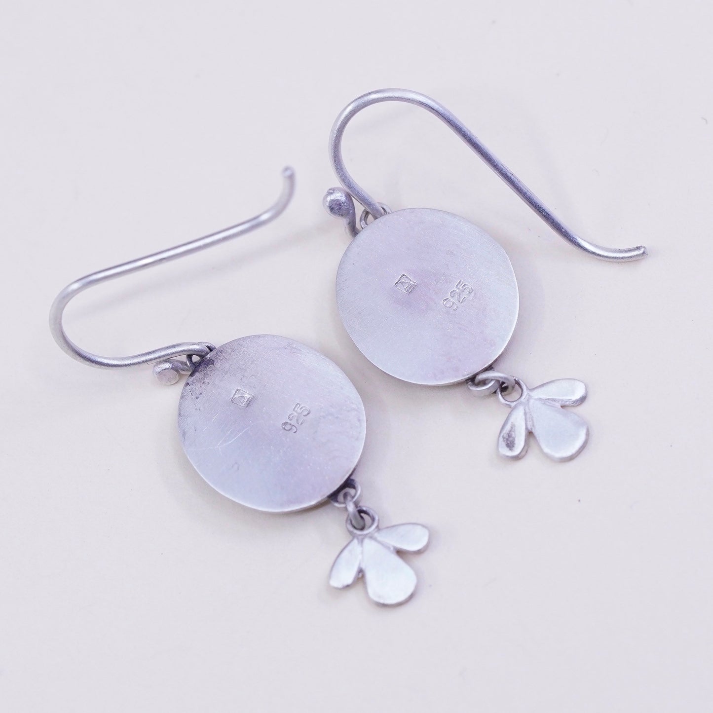 Designer Ananda KHALSA Sterling 925 silver handmade earrings, watercolor pink plum blossom flower , stamped 925 A