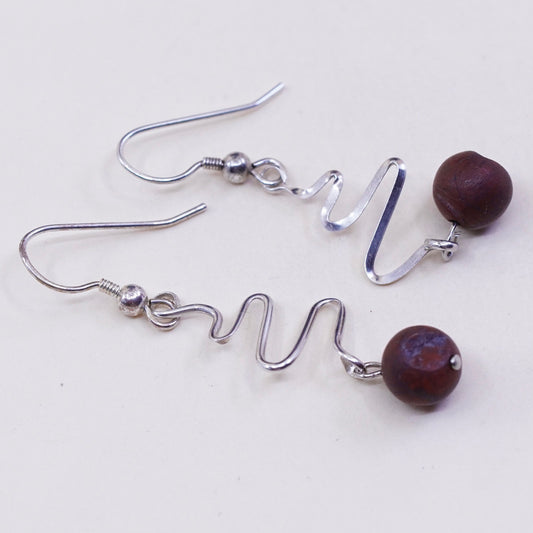 Vintage Sterling 925 silver handmade twisty earrings with red jasper beads