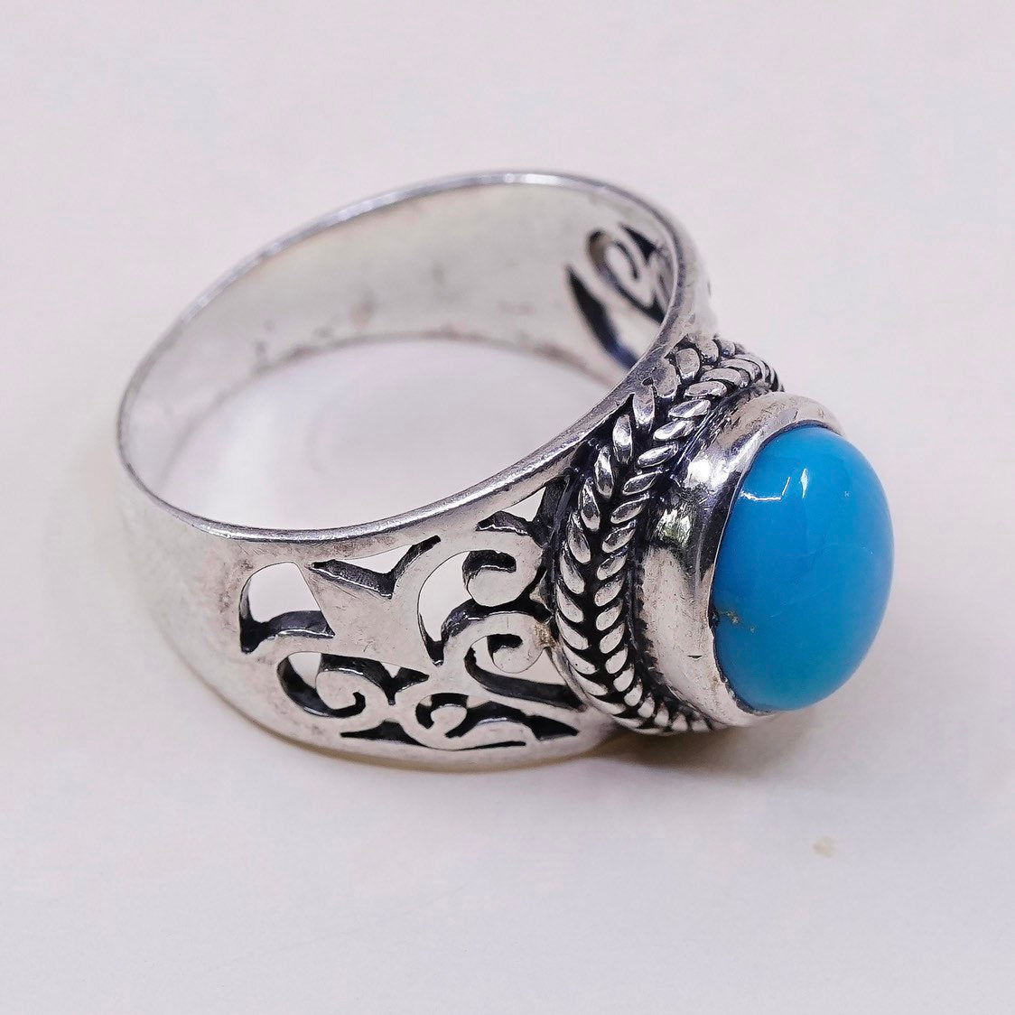 sz 10, vtg sterling silver ring, handmade 925 ring w/ turquoise n Filigree