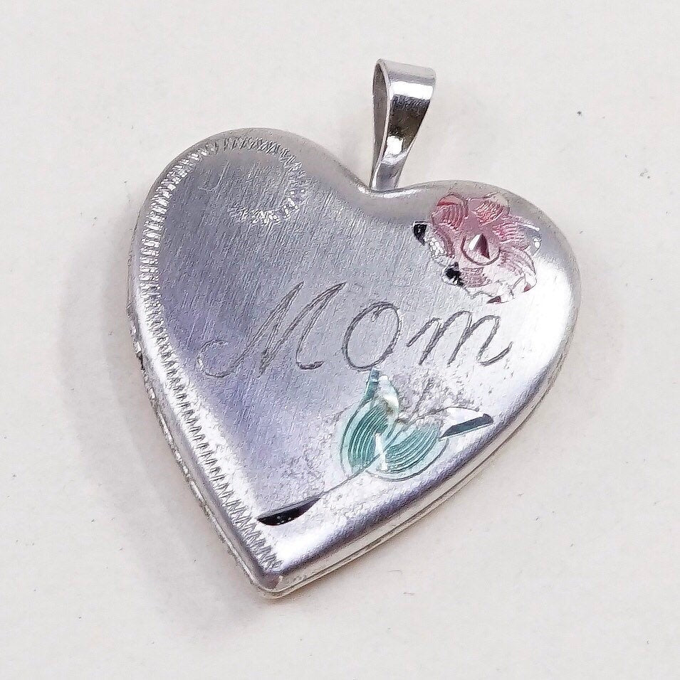 VTG sterling silver heart photo locket charm, 925 pendant embossed “mom”