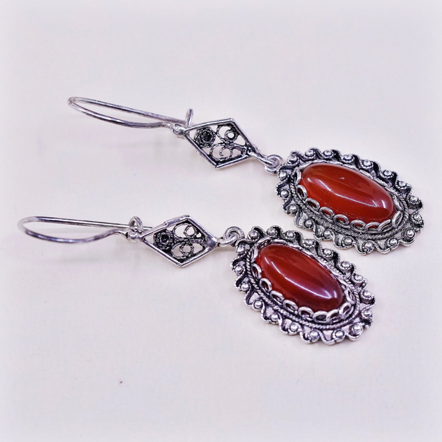 vtg Sterling silver handmade earrings, 925 w/ oval carnelian and bali