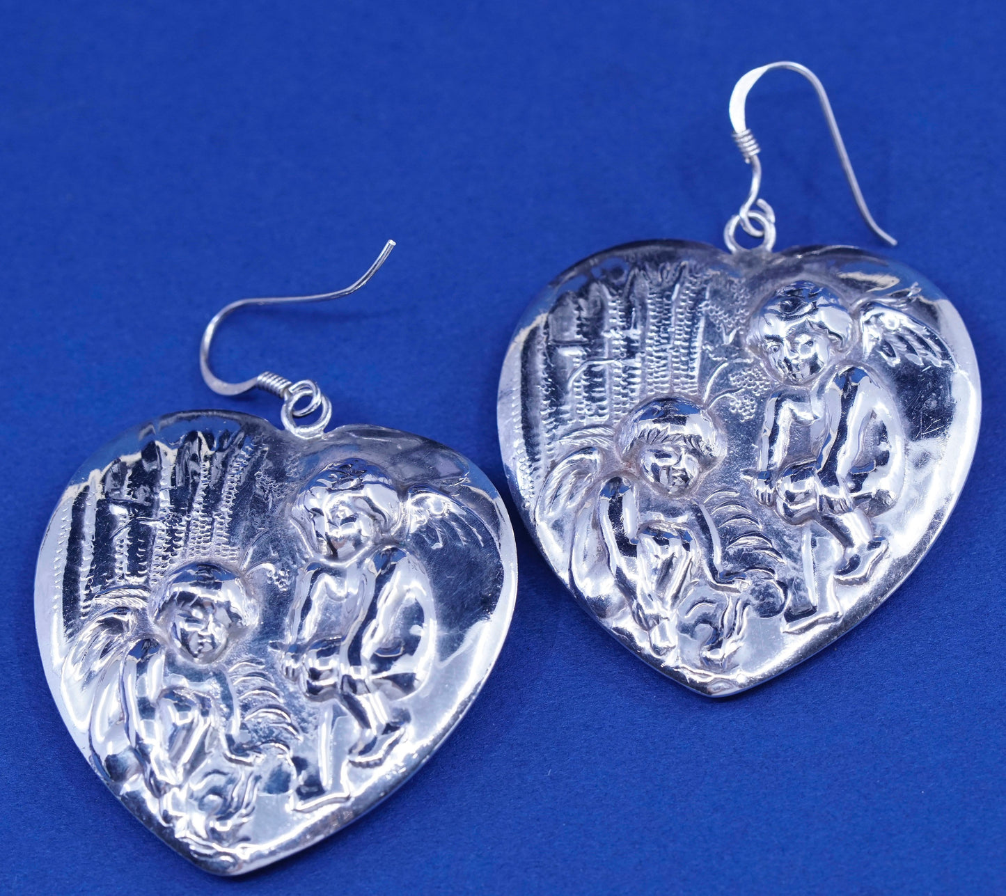 vtg Sterling silver handmade earrings, 925 puffy heart relief embossed angels