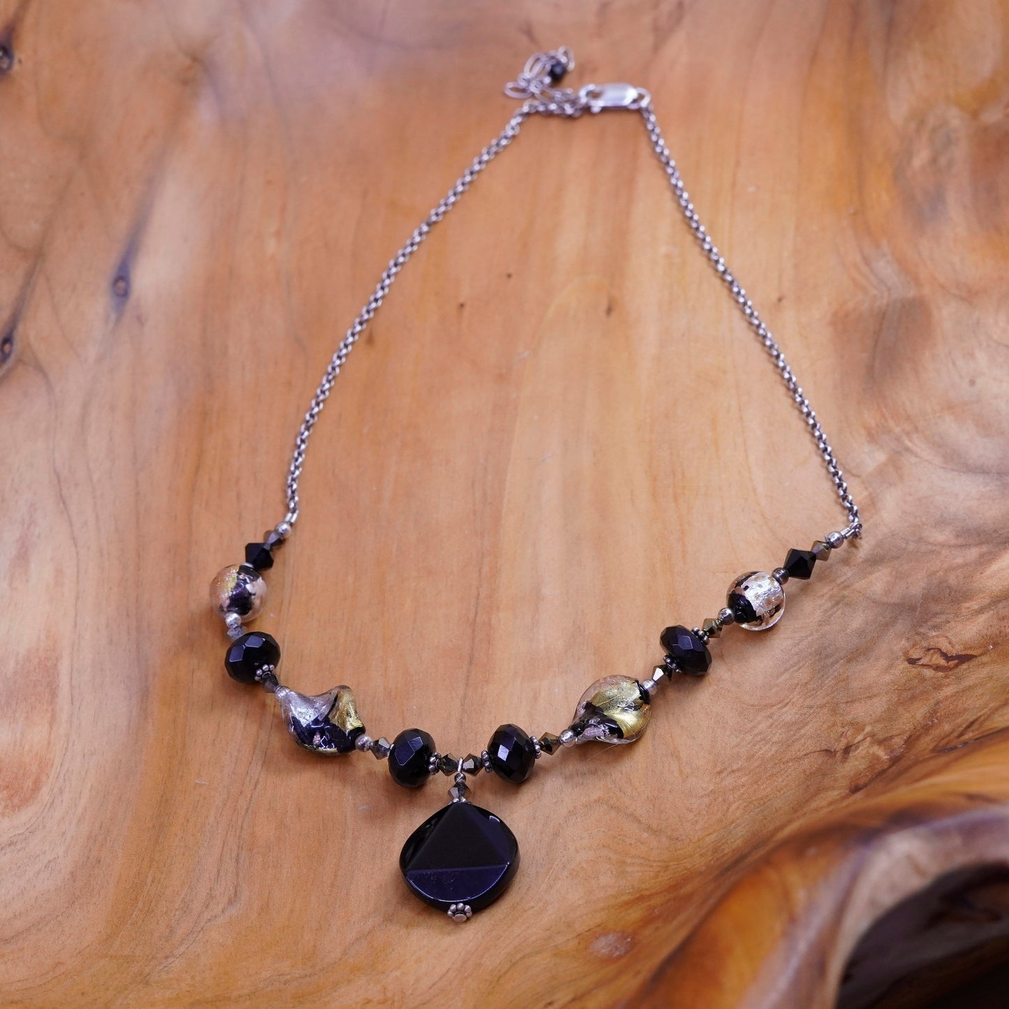 16+2”, sterling 925 silver chain necklace with obsidian beads and pendant