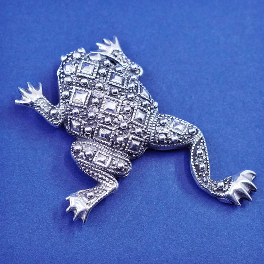 Vintages sterling silver handmade brooch, beaded 925 frog pendant