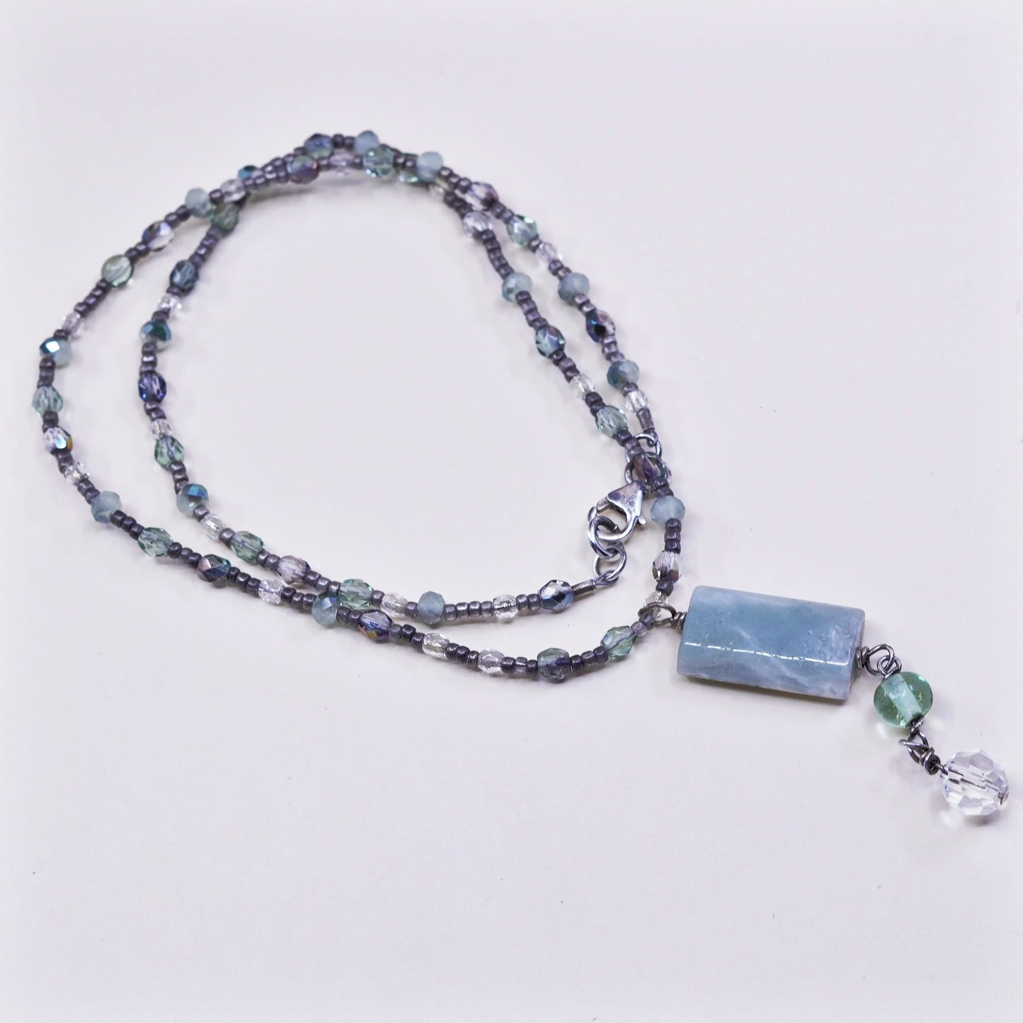 18”, Sterling 925 silver necklace, Crystal bead chain with jade pendant