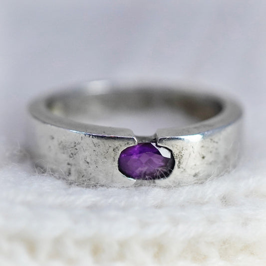 Size 7.25, vintage Sterling 925 silver handmade stackable ring with amethyst