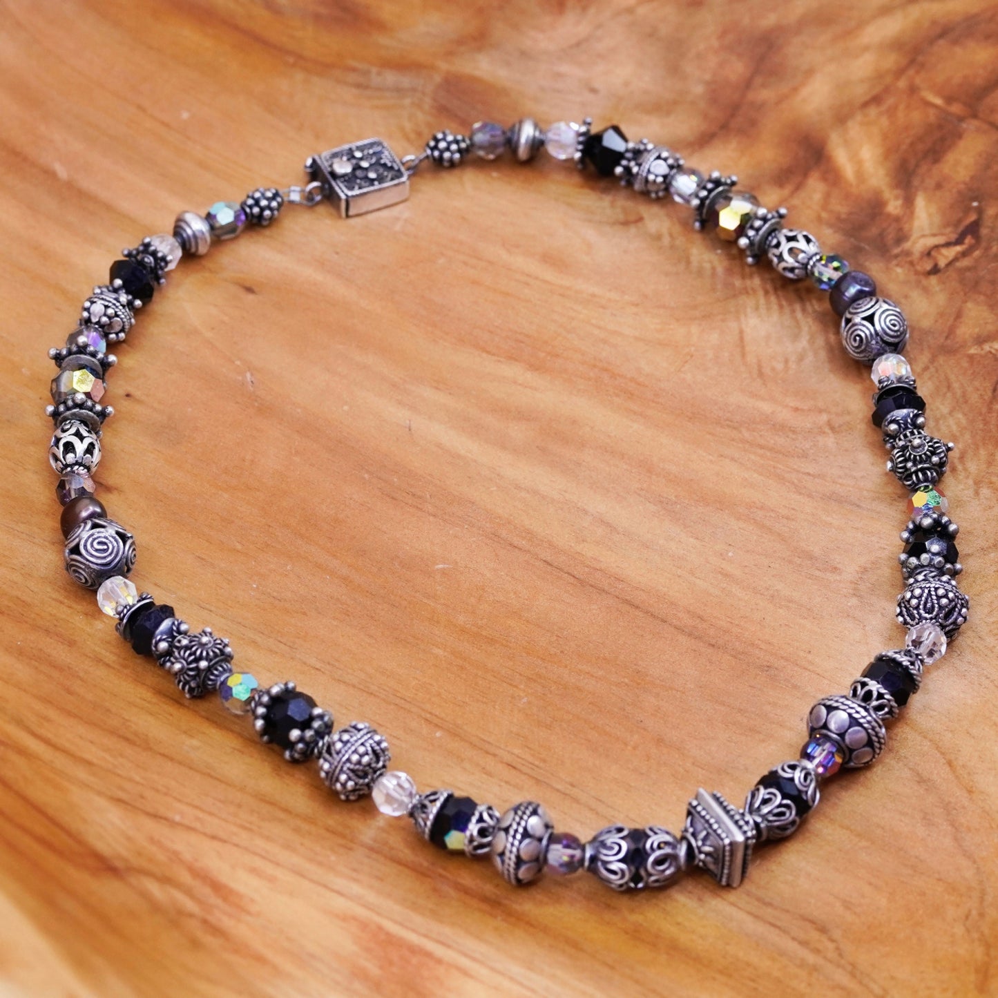 16”, sterling 925 silver handmade necklace with obsidian crystal and Bali beads