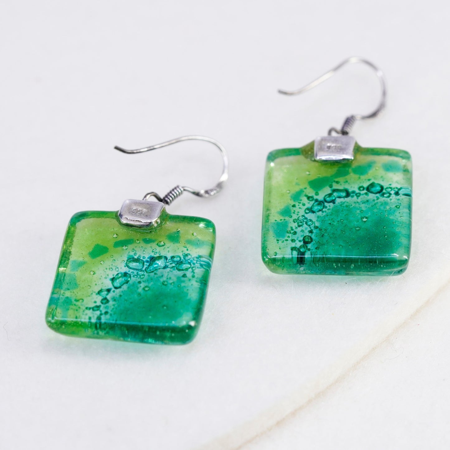 Vintage Sterling 925 silver earrings with artisan square green glass