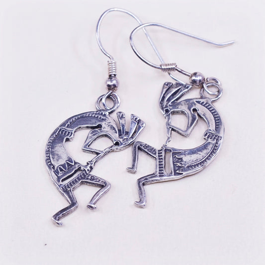 Vintage Sterling silver handmade earrings, fine 925 silver Kokopelli dangles