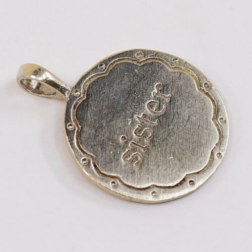 Vermeil Gold sterling silver handmade pendant, 925 Tag charm Embossed Sister