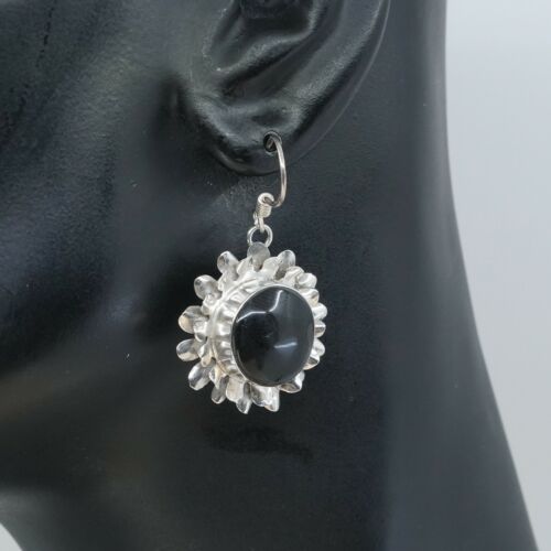 Vtg Sterling Silver Handmade Earrings, 925 Silver Sunflower W/ Obsidian Inlay