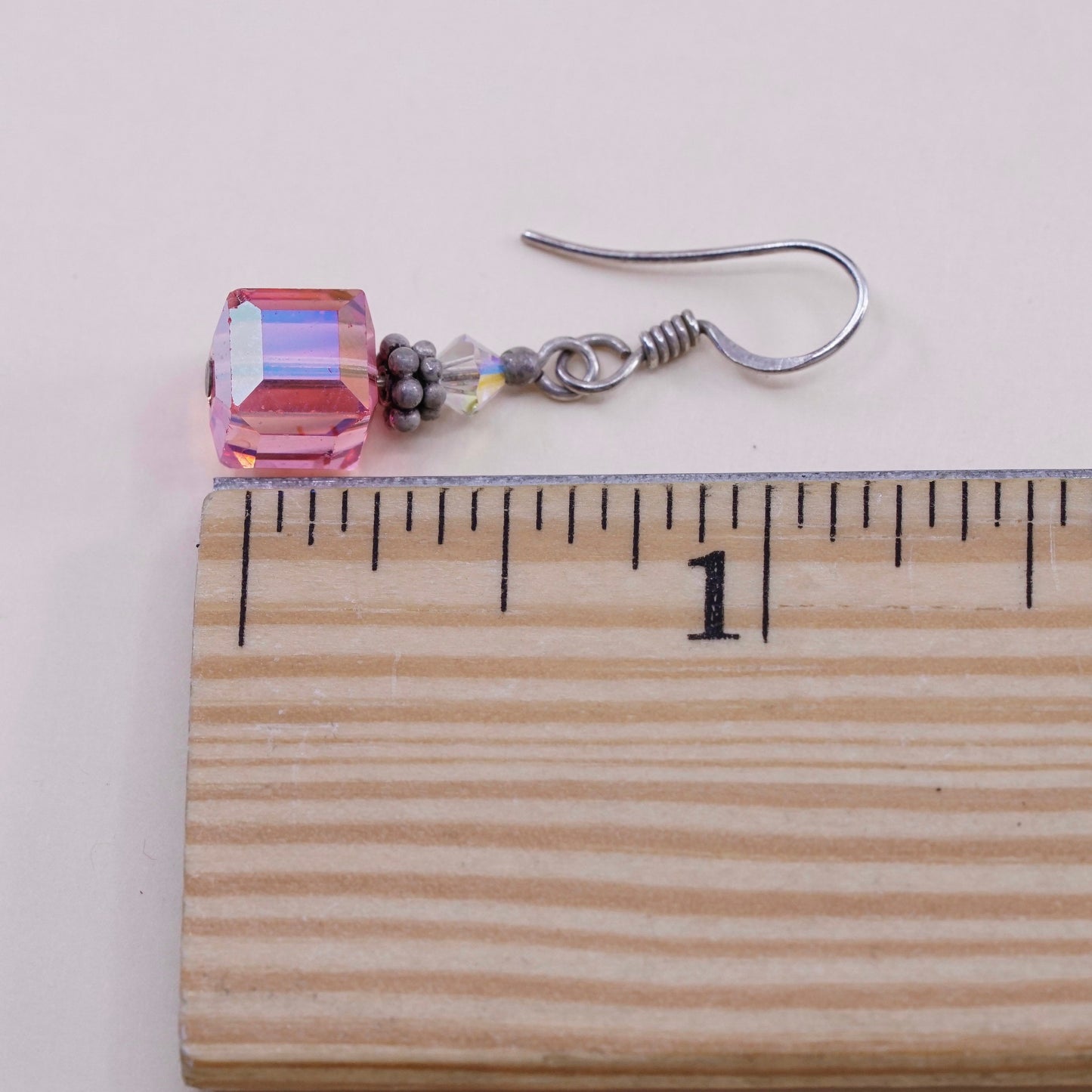 Vintage Sterling 925 silver handmade earrings, with pink crystal cube