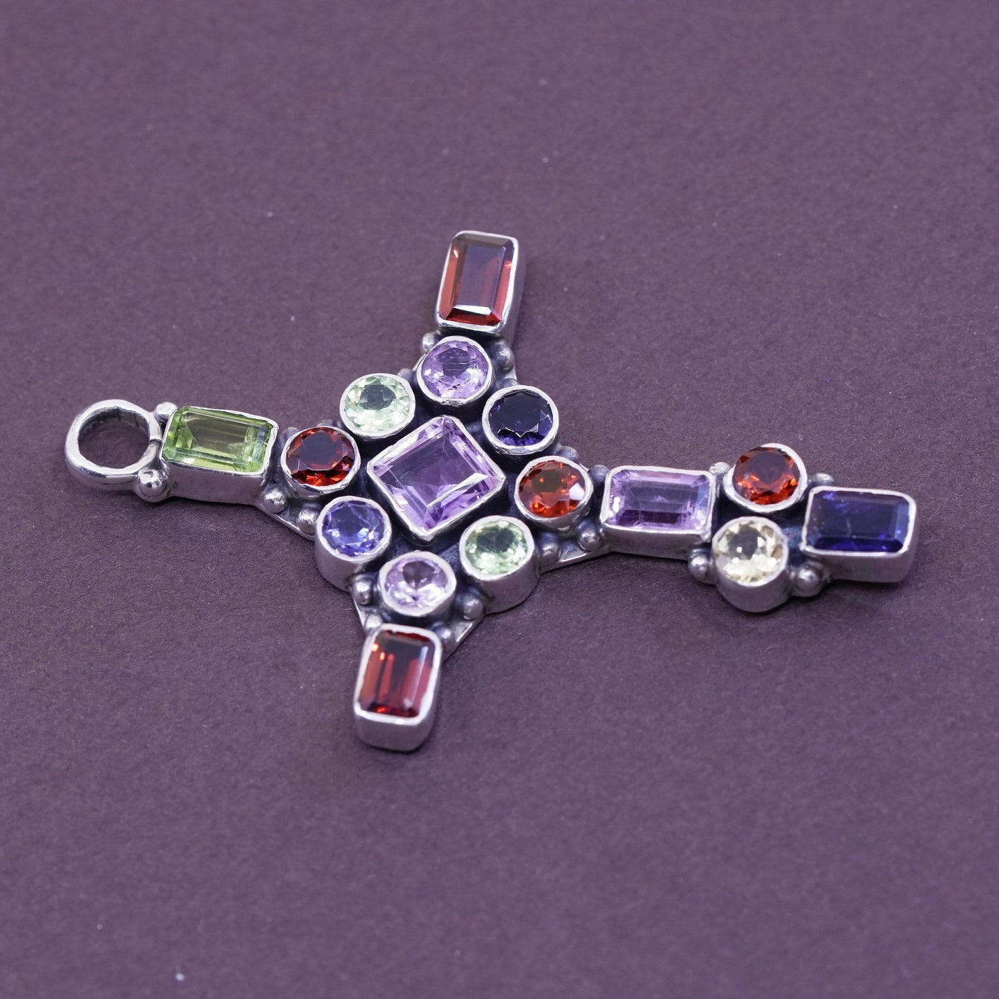 Vintage Sterling 925 silver cross pendant with amethyst, ruby, peridot, citrine