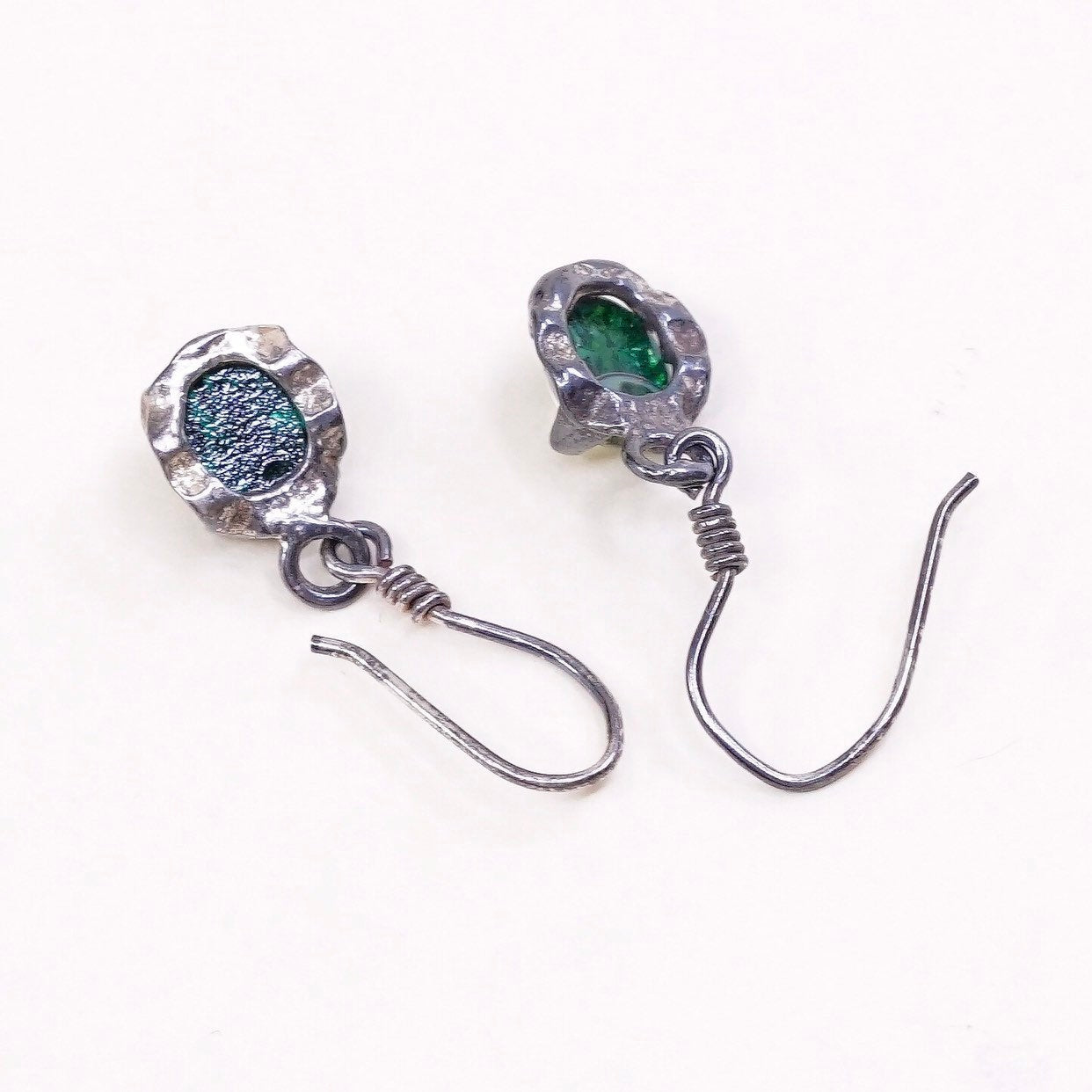 VTG Sterling silver handmade earrings, 925 hooks w/ green foiled glass drops
