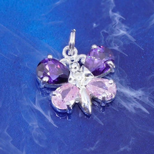 Vintage Sterling 925 silver handmade butterfly pendant, with pink purple cz