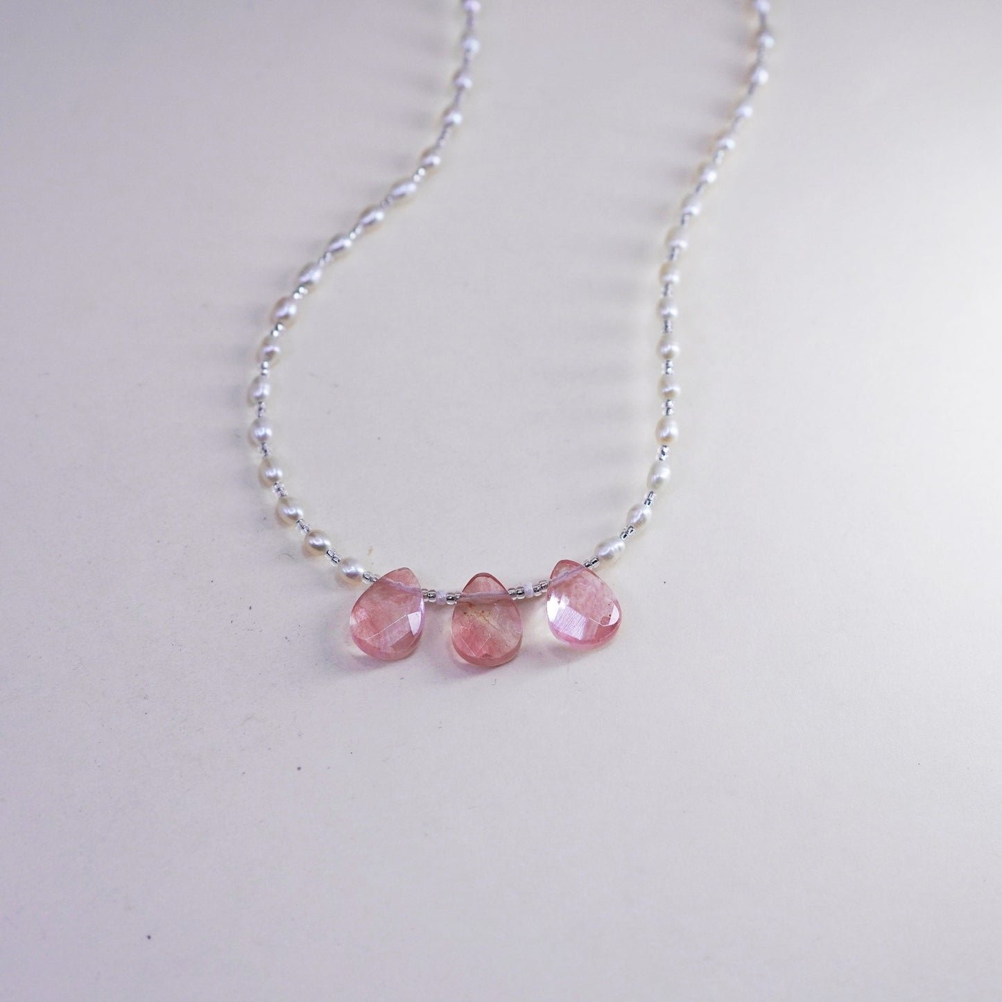 18” Sterling 925 silver handmade necklace, elongated chain pearl rose quartz