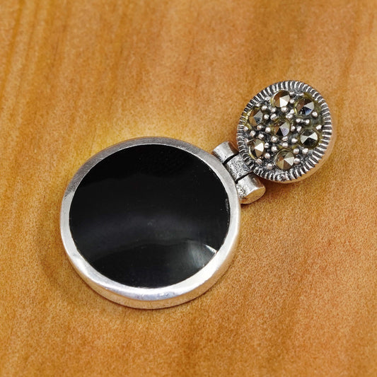 Vintage Sterling 925 silver handmade sided pendant w/ round obsidian marcasite