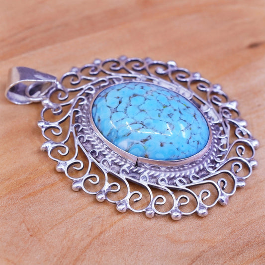 Sterling silver handmade pendant, bali style 925 filigree trim oval turquoise