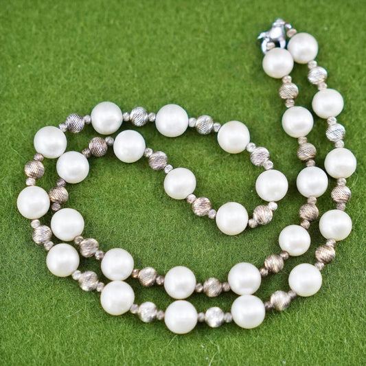 18”, Vintage sterling 925 silver handmade necklace with 8mm pearl beads