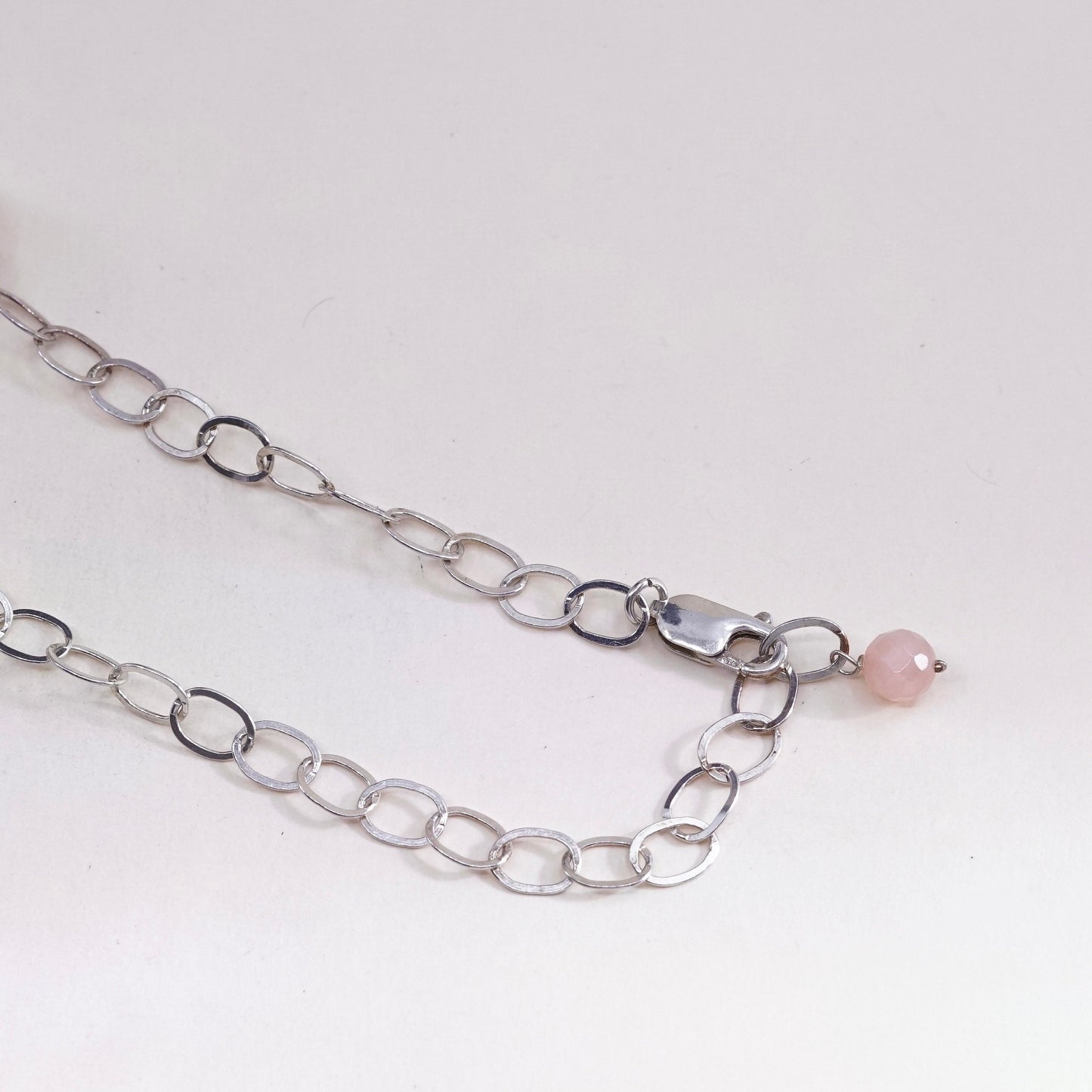 18”, sterling silver necklace, 925 flatten circle chain w/ rose pink quartz