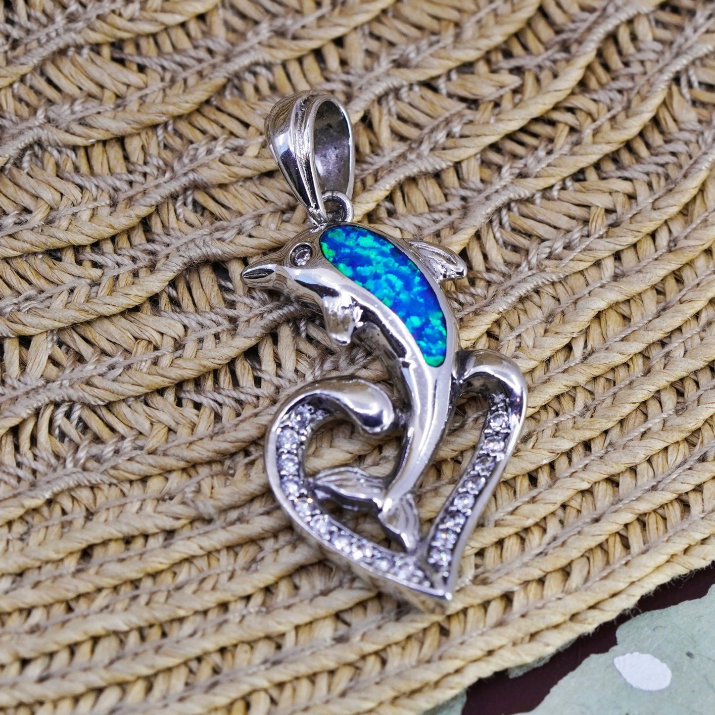 Vintage Sterling 925 silver handmade dolphin pendant with heart fire opal cz