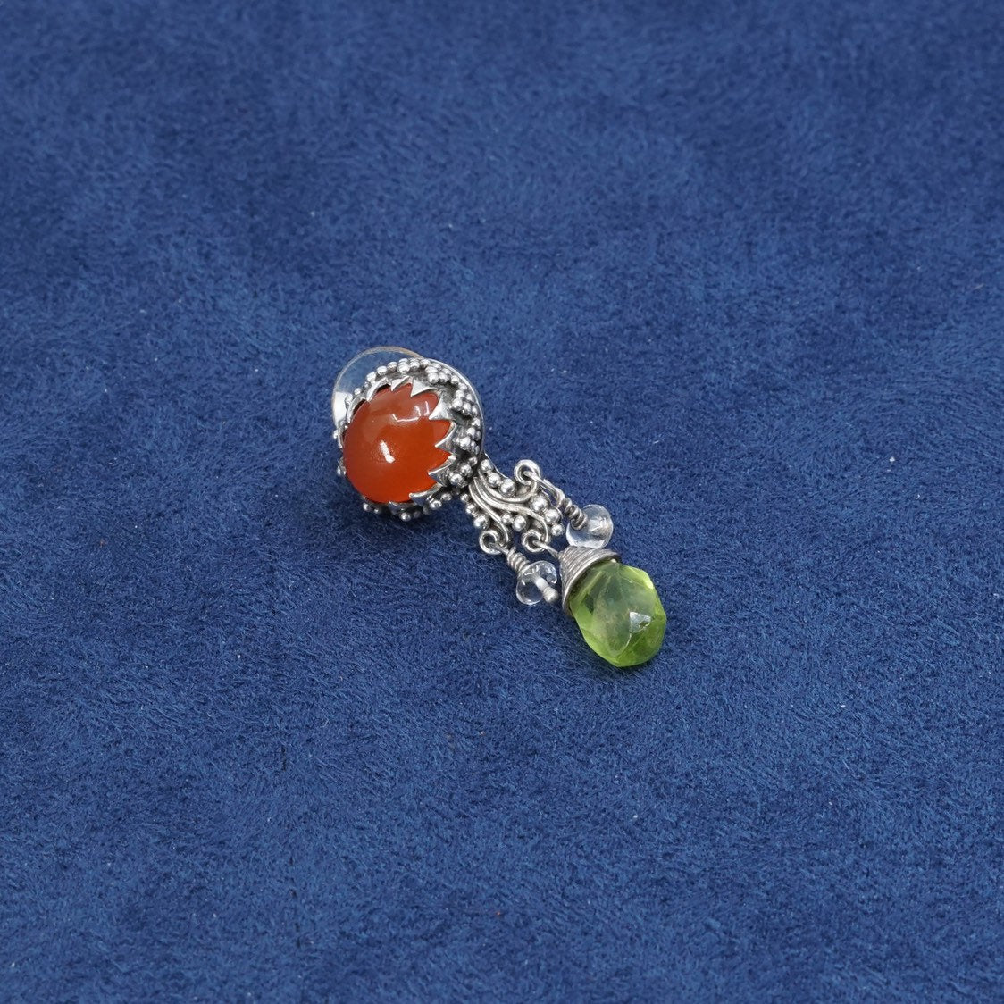 vtg Sterling silver handmade earrings, 925 w/ carnelian N teardrop peridot