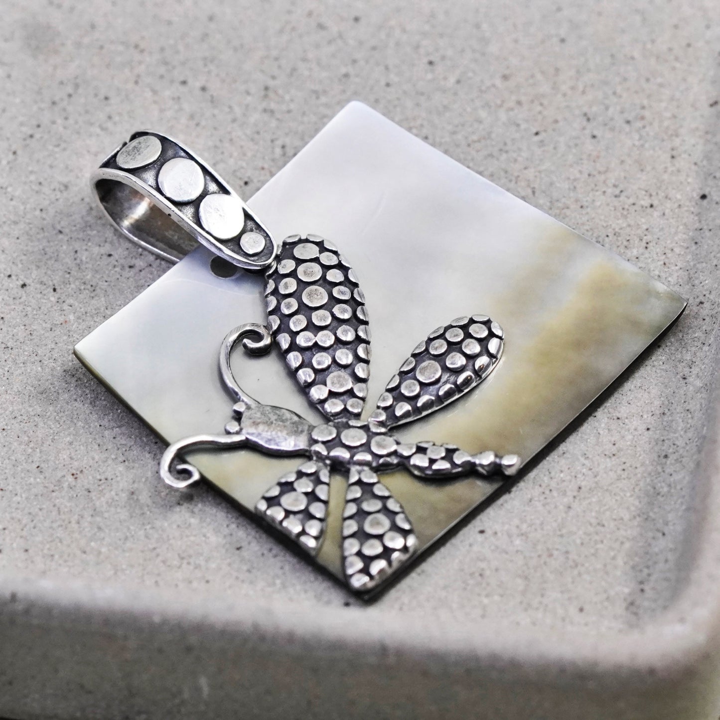 Vintage Sterling 925 silver dragonfly pendant with square abalone