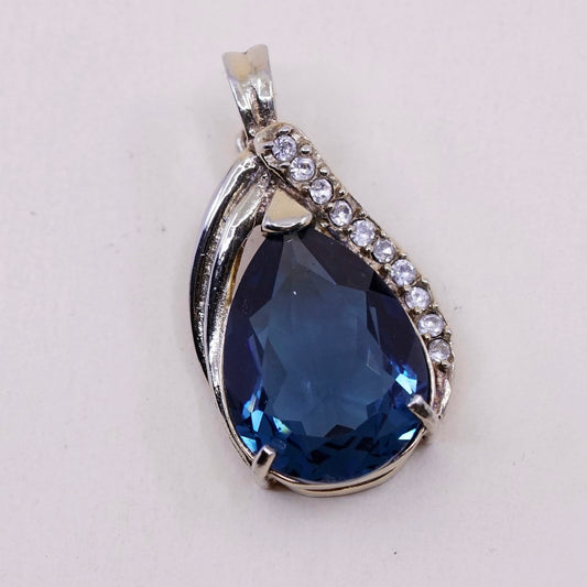 vintage USA sterling 925 silver handmade pendant with teardrop topaz and Cz