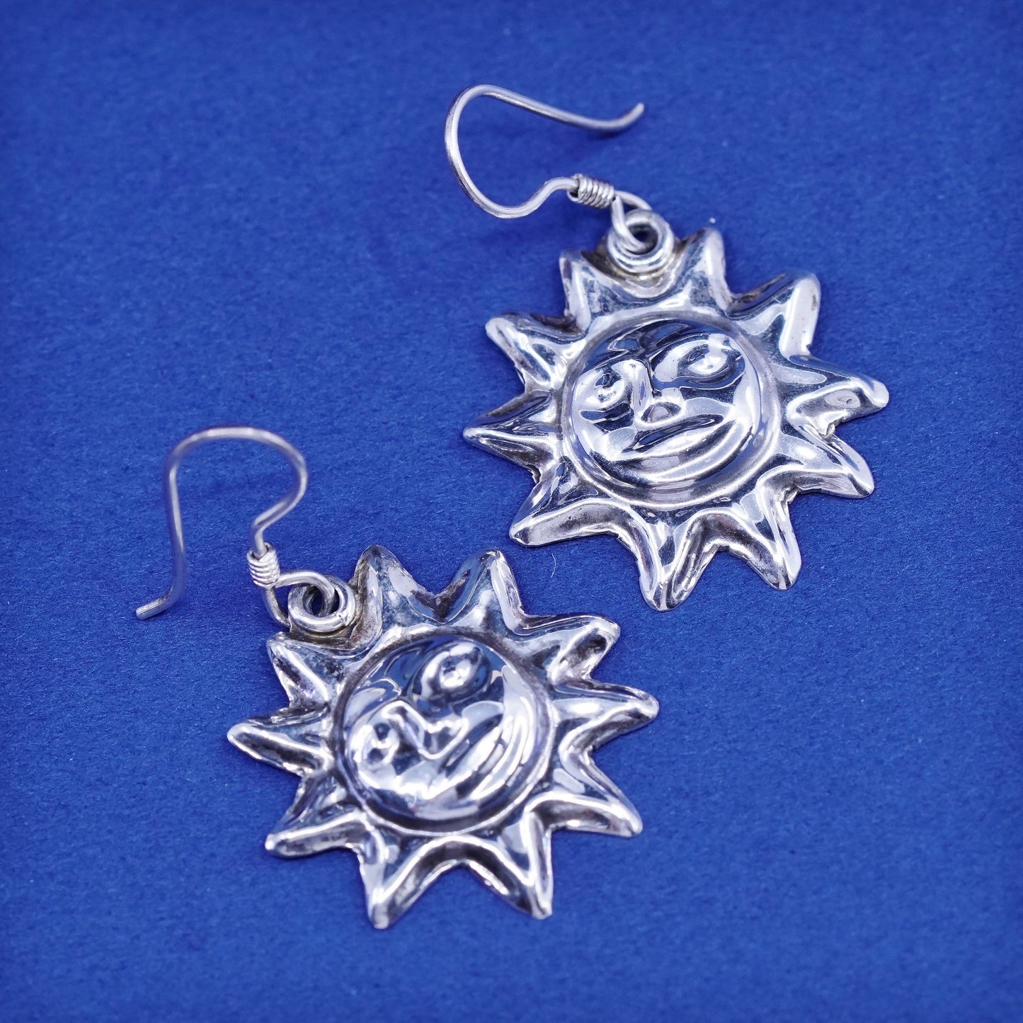 vtg Sterling silver handmade earrings, mexico 925 tag dangles with sun face