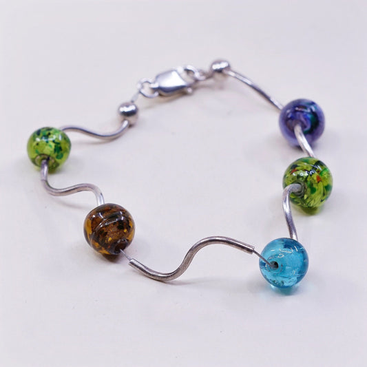 7”, 925 Sterling silver handmade bar and beads bracelet w/ artisan foiled glass