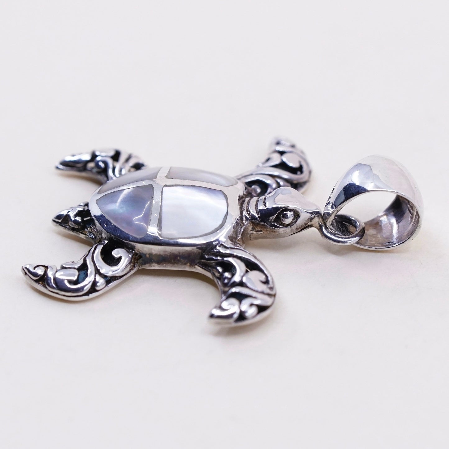 vtg sterling silver handmade pendant 925 filigree sea turtle w/ mother of pearl