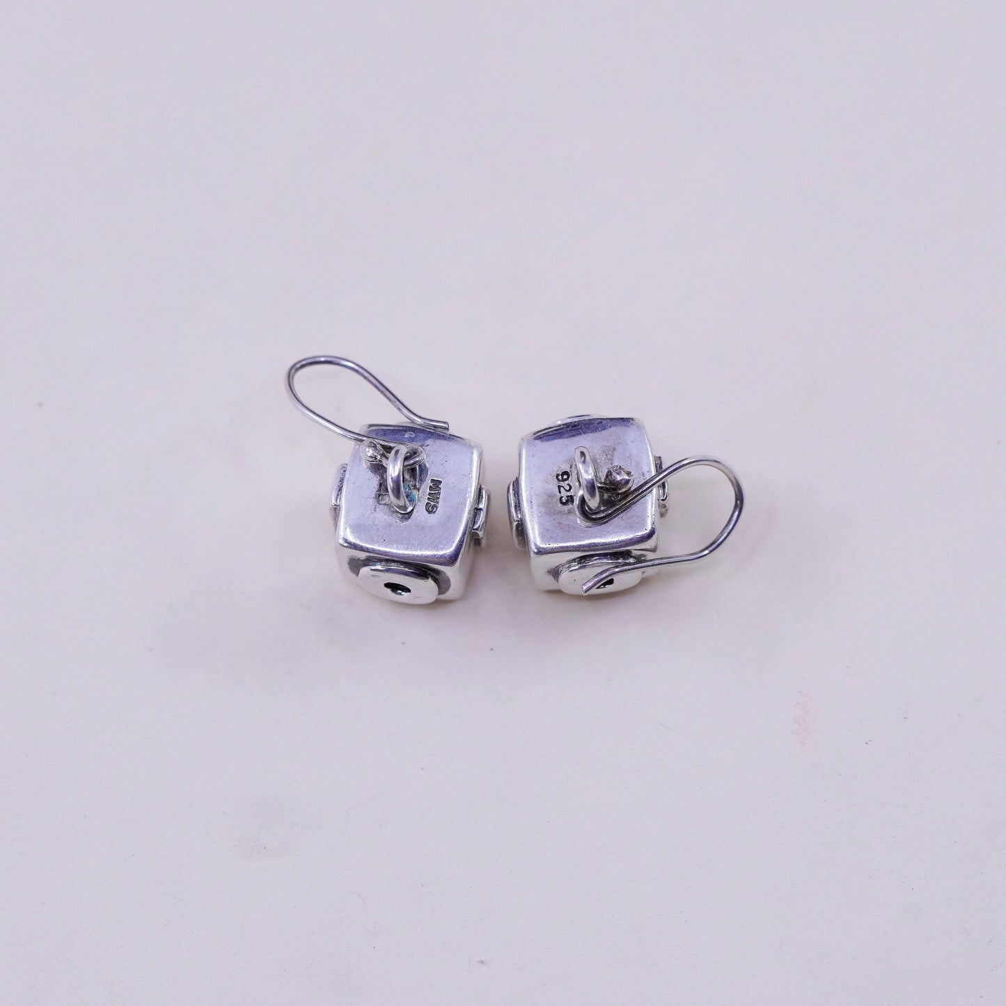 Vintage Sterling 925 silver handmade earrings, cube dangle with 0101 relief