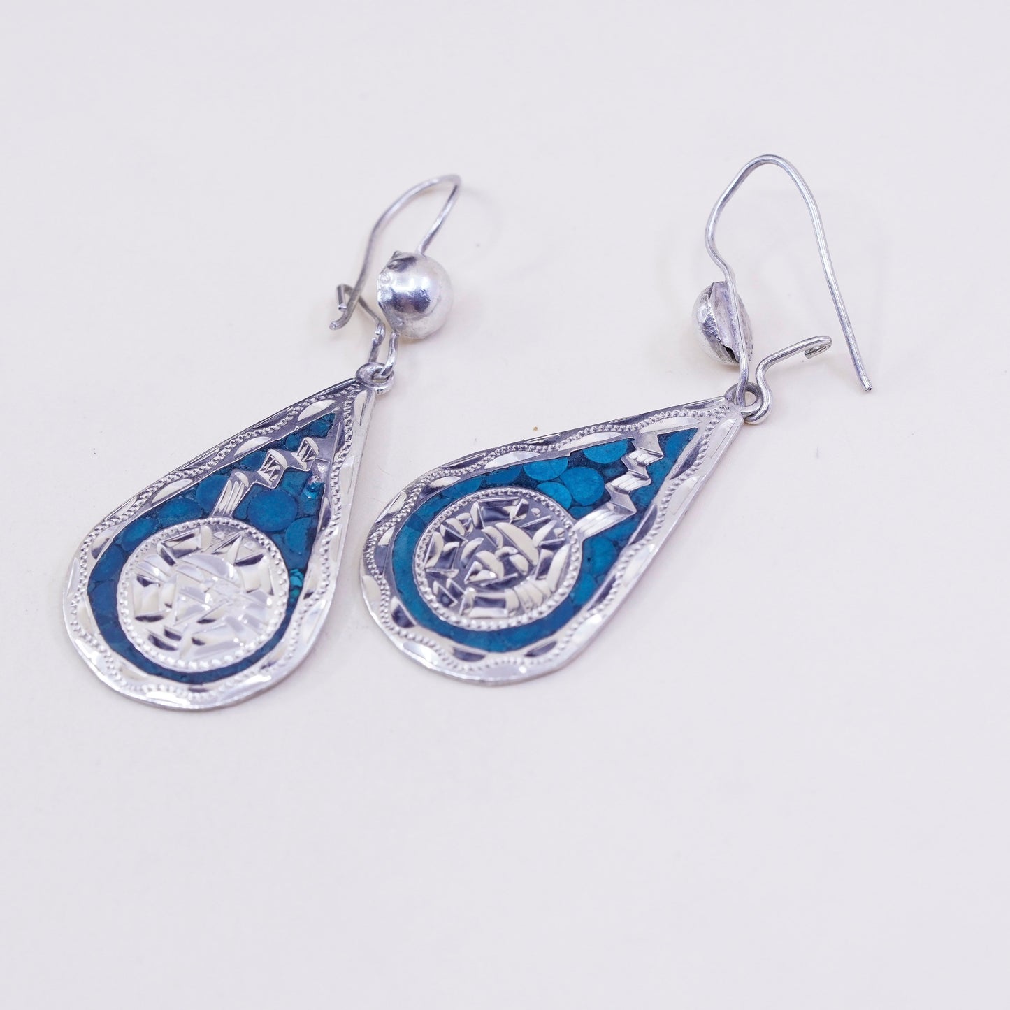 Vintage sterling silver handmade earrings, mexico 925 teardrop with malachite