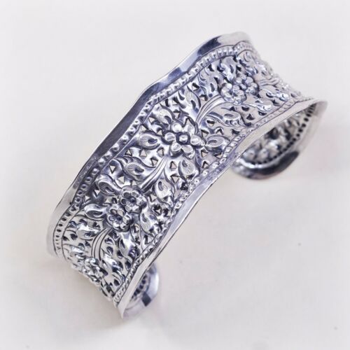 7.25”, Vtg Sterling Silver Handmade Wide Cuff W/ Flower, 925 Silver Bracelet