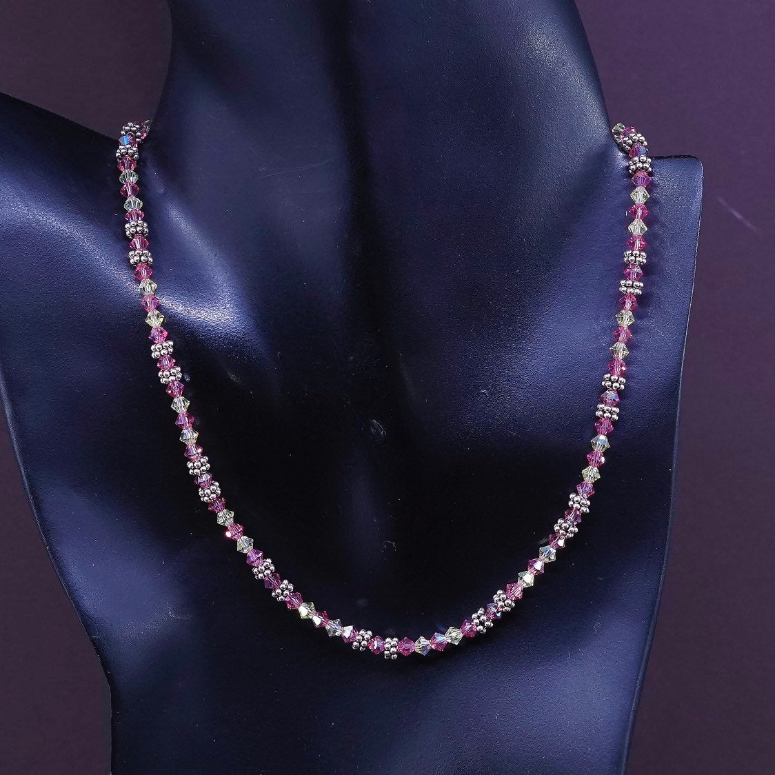 15"vtg Sterling silver necklace, 925 beads w/ pink beads N toggle closure