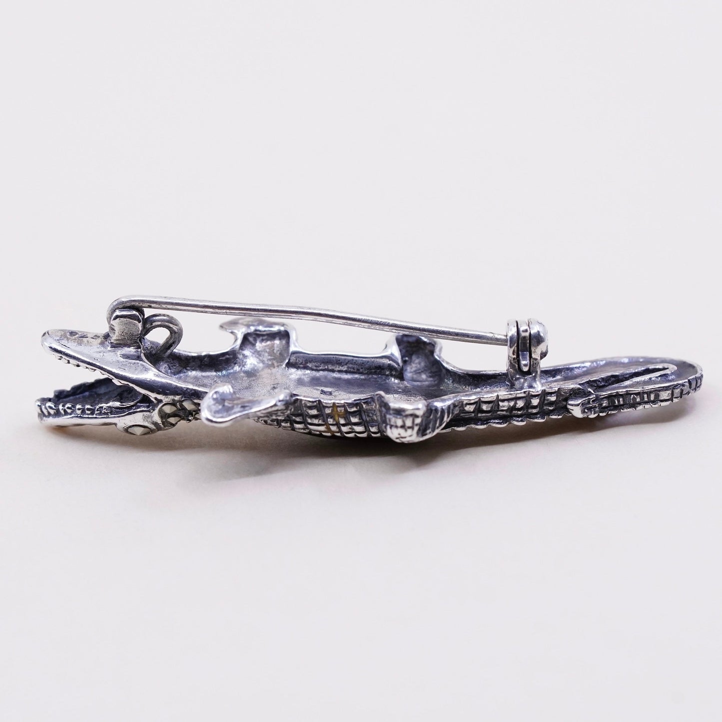vtg Sterling 925 silver alligator crocodile brooch w/ obsidian N marcasite