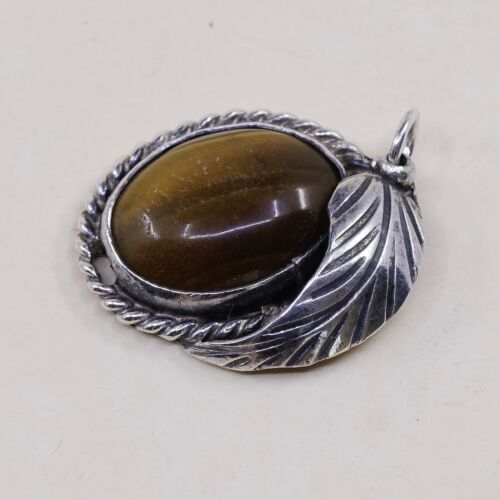 Vtg Sterling Silver handmade Golden tiger eye Pendant, 925 silver Leaf