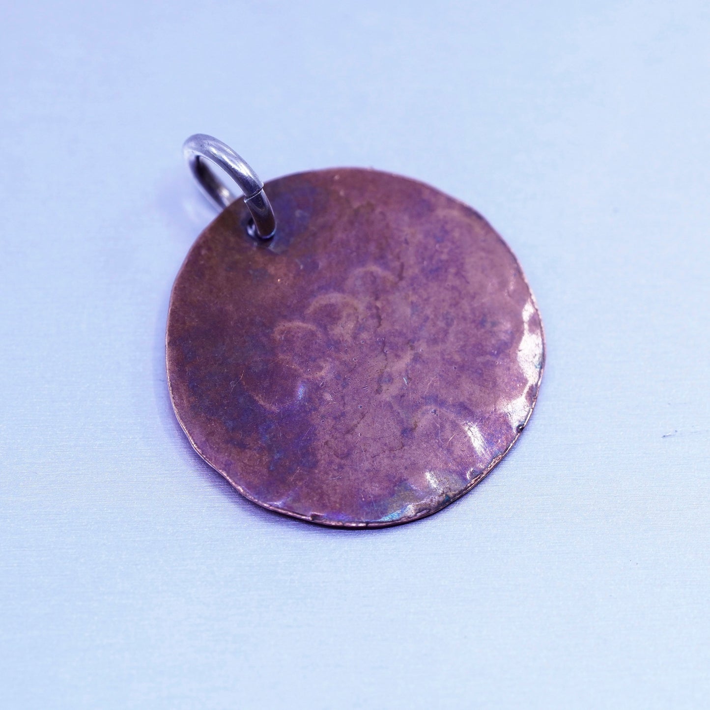 Vintage handmade hammered copper pendant charm embossed “2014 lady Indian”