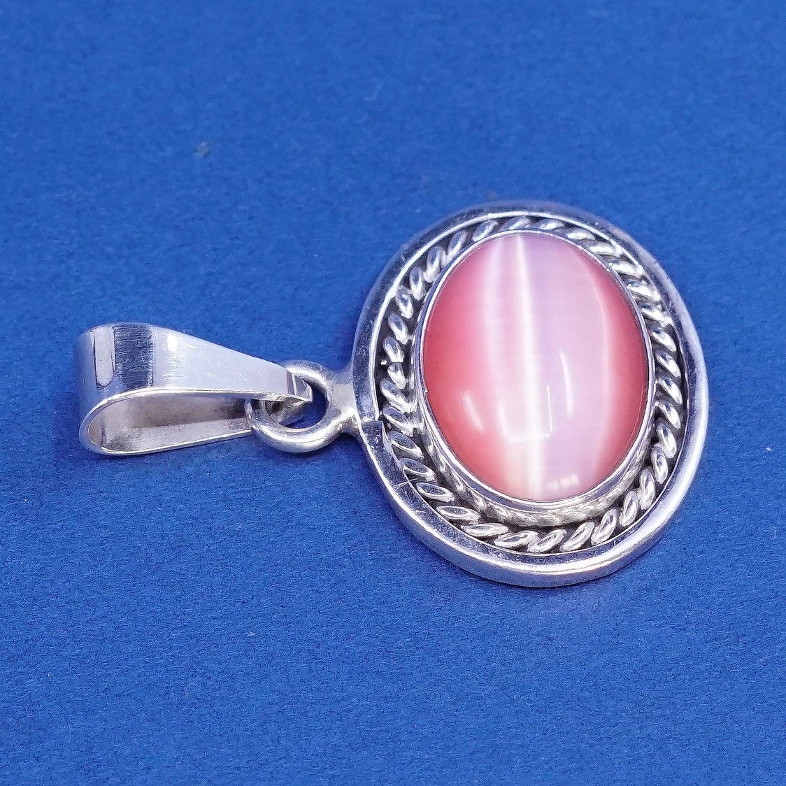 vtg Sterling silver handmade pendant, 925 charm w/ oval pink tiger eye N cable