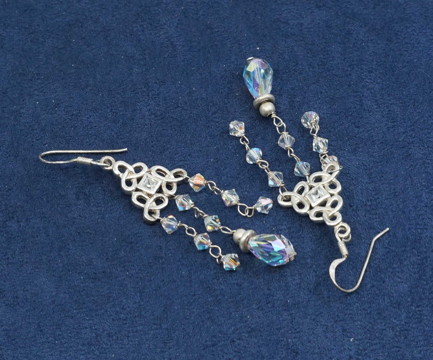 vtg Sterling silver handmade cluster earrings, 925 filigree dangles w/ crystal