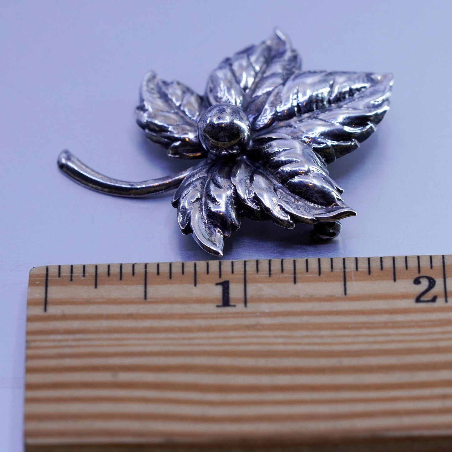 Vintage jewel Art sterling silver handmade brooch, 925 leaf pin with bead