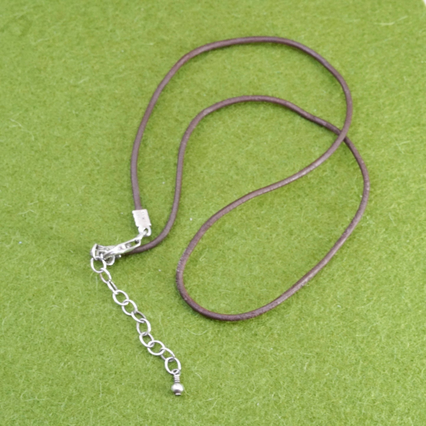 16+2”, vintage Sterling 925 Silver Clasp W/ brown Leather Necklace