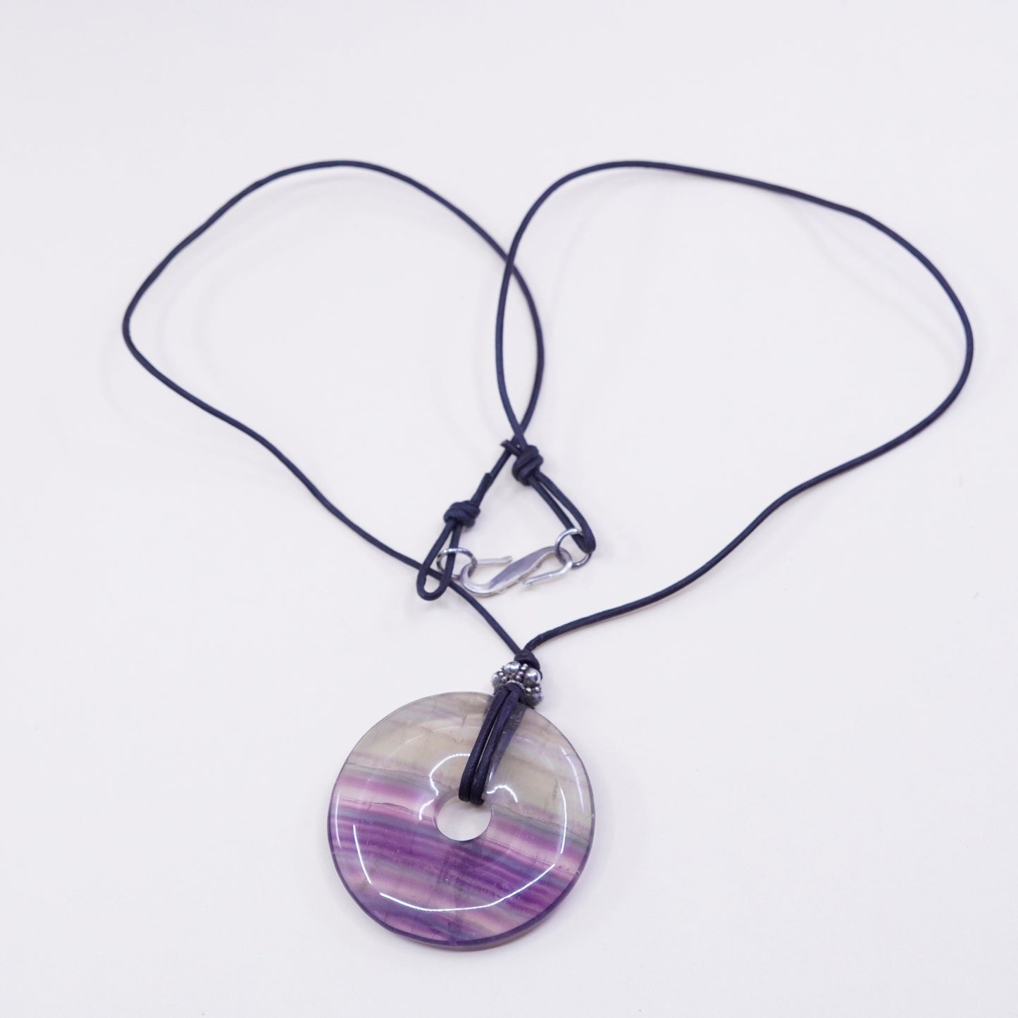 20”, Handmade necklace fluorite circle pendant leather sterling 925 silver