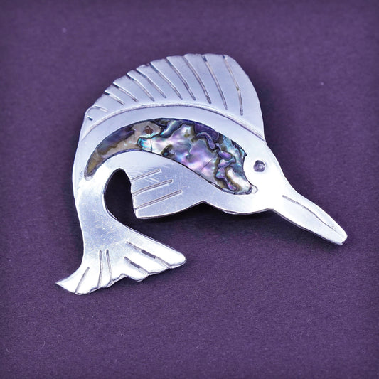 Vintage antique handmade sterling 925 silver fish brooch with abalone