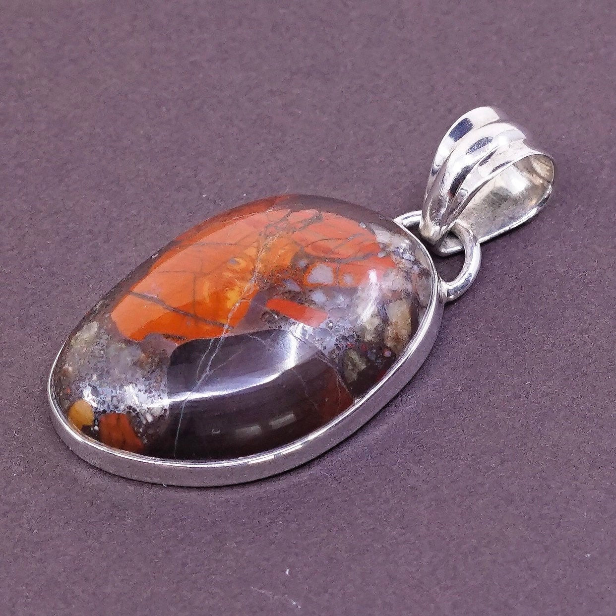 vtg Sterling silver handmade pendant with red and orange landscape jasper