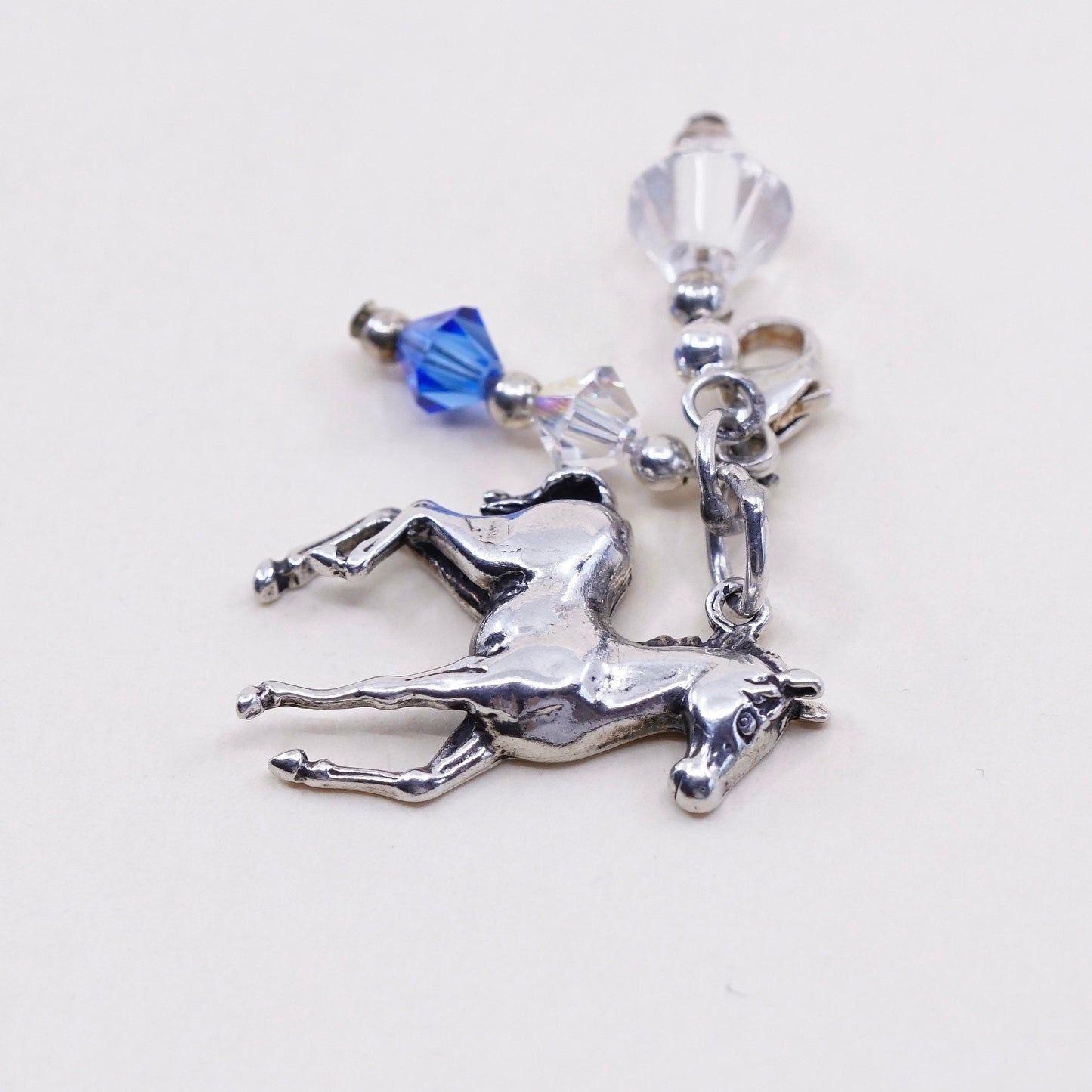 Handmade vintage Sterling silver pendant, 925 horse charm with crystal dangles