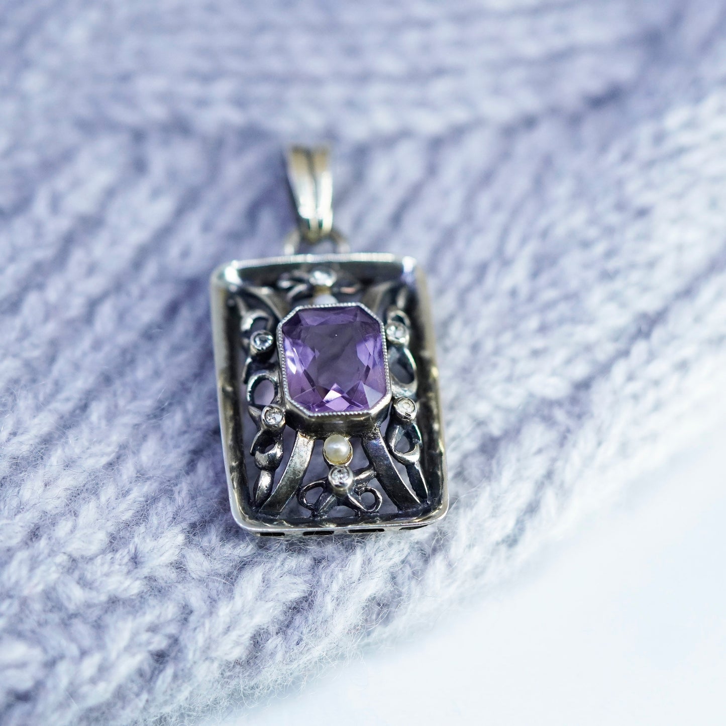 Vintage sterling 925 silver handmade filigree pendant with amethyst and crystal