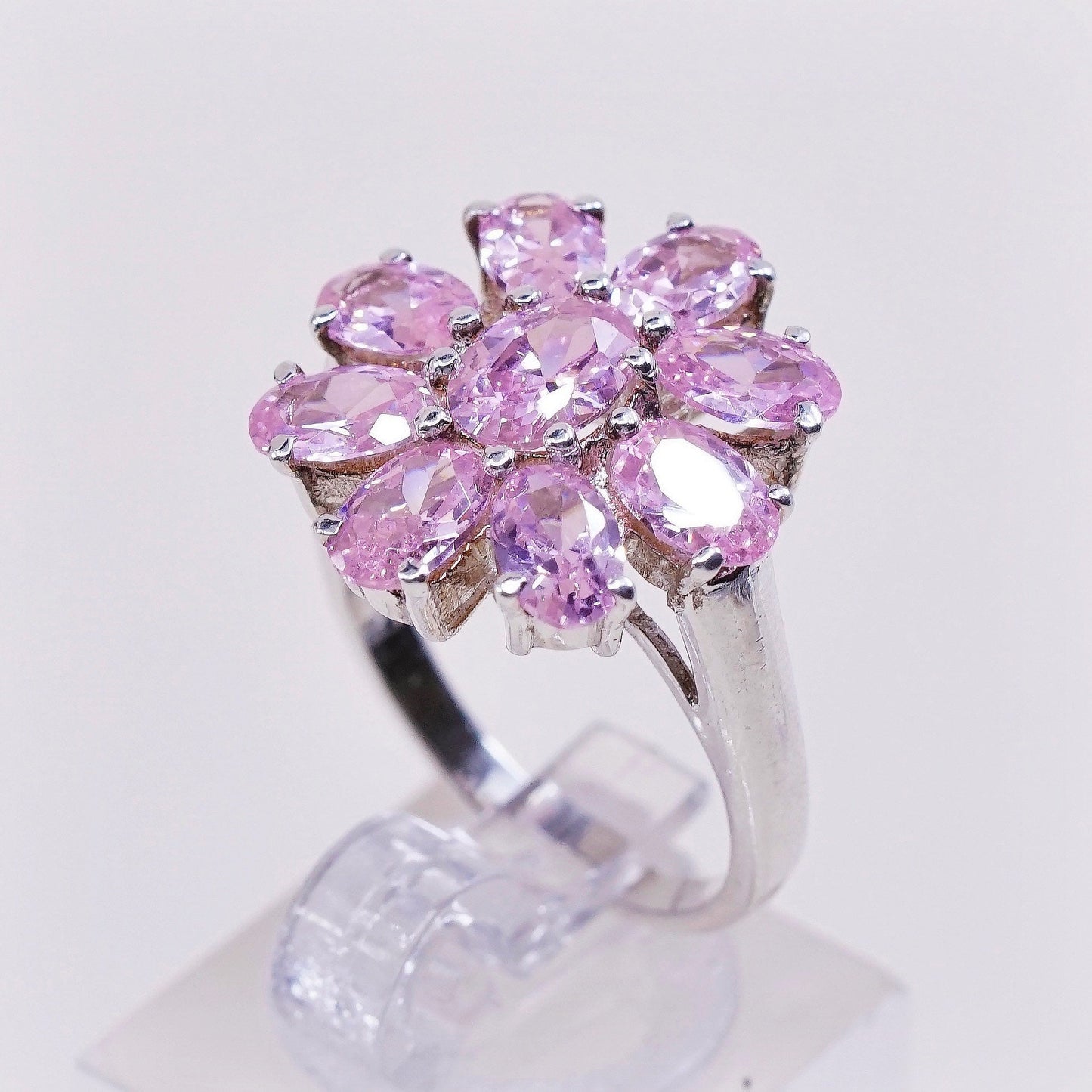 sz 6.5, VTG sterling 925 silver handmade ring with cluster pink crystal flower