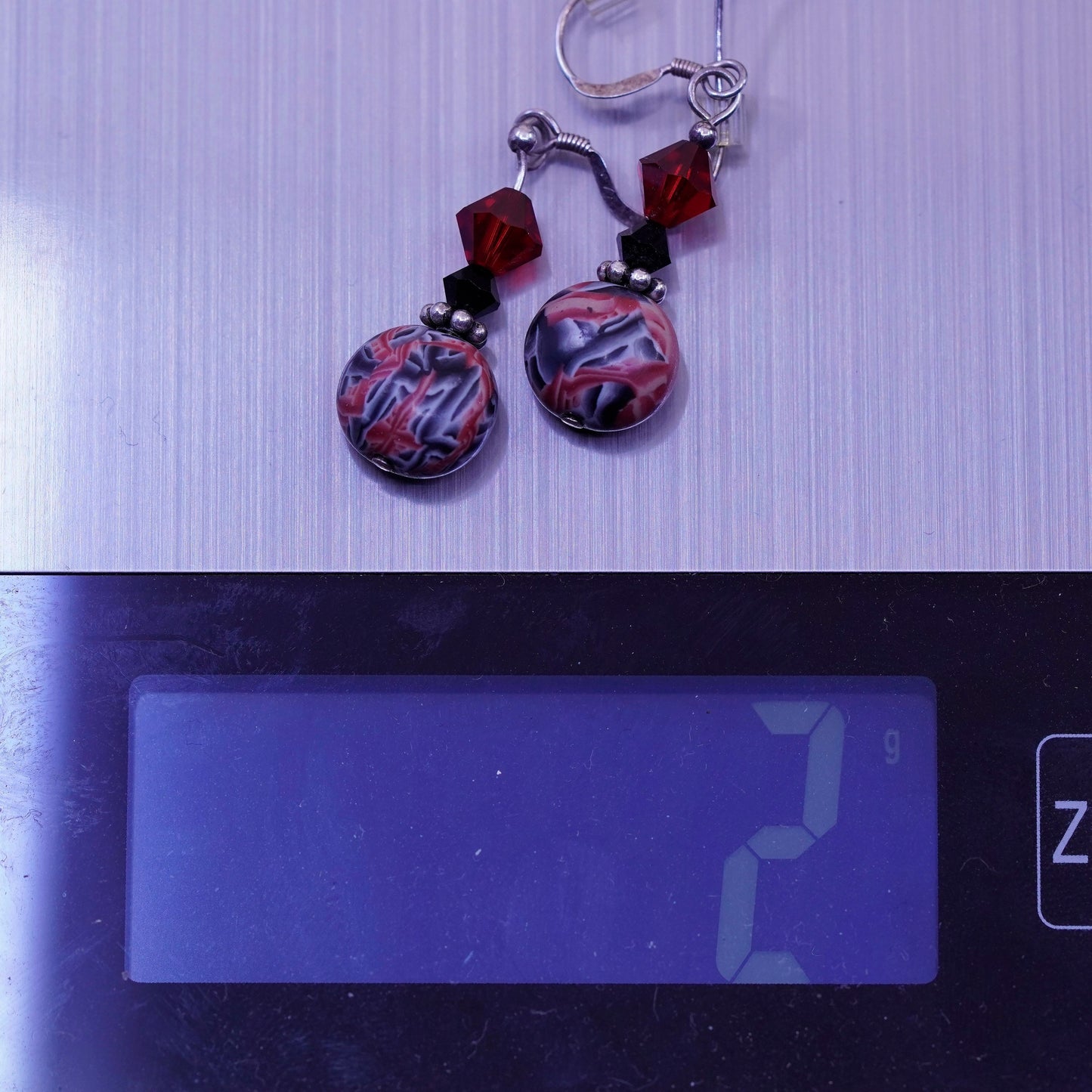 Vintage sterling silver handmade earrings with red crystal beads and resin