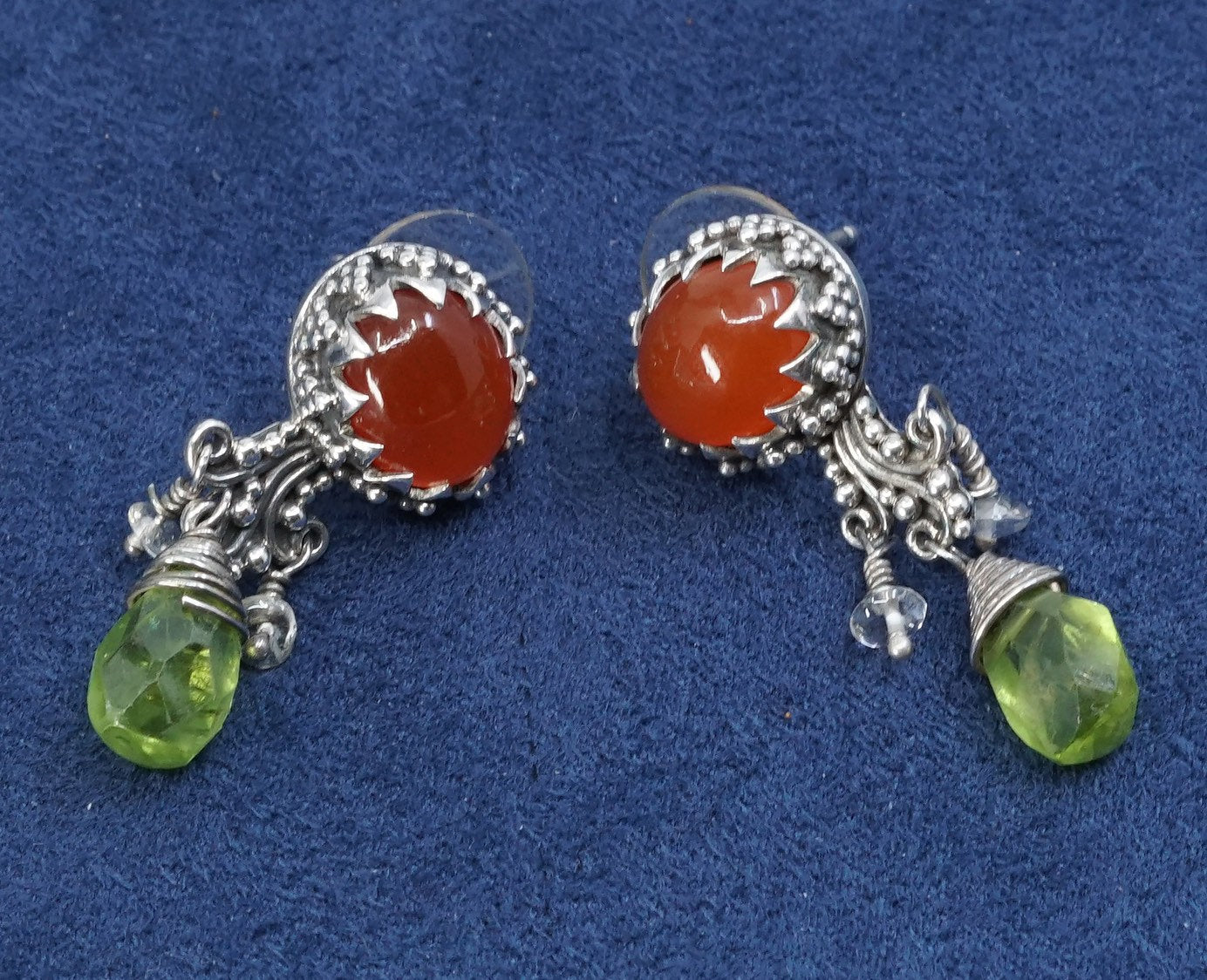 vtg Sterling silver handmade earrings, 925 w/ carnelian N teardrop peridot